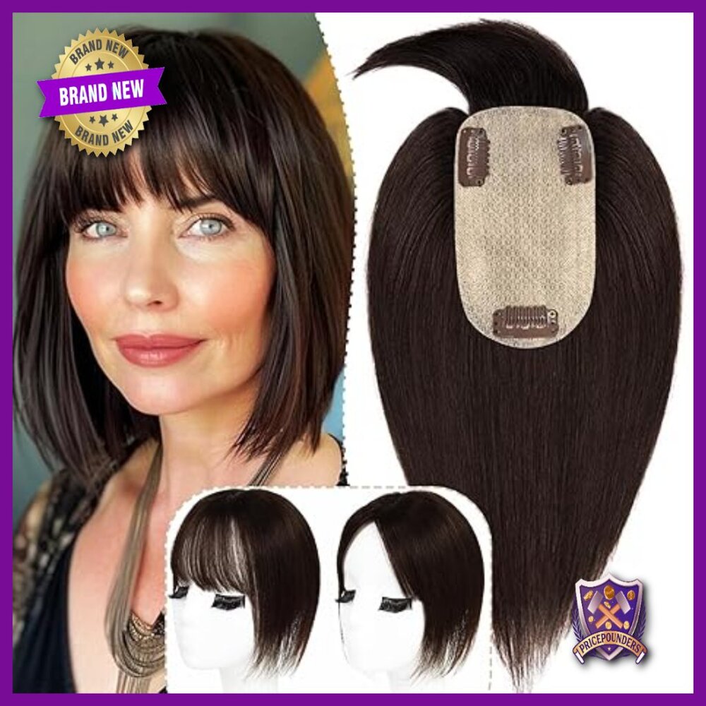 Human Hair Topper with Bangs - 150% Density Silk Base Clip-in Hairpiece